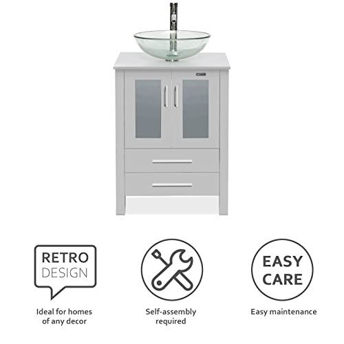 Eclife 24" Bathroom Vanity Sink Combo Grey Cabinet 16" Clear Round Tempered Glass Vessel Sink & 1.5 Gpm Chrome Water Save Faucet & Pop Up Drain, W/Mirror #TOP4