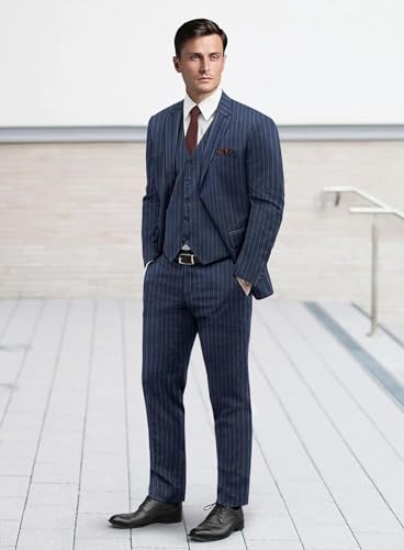 Pinstripe Suit for Men 3 Piece Regular Slim Fit Business Casual Formal Suit Lapel Blazer Pants Vest Set ALV084