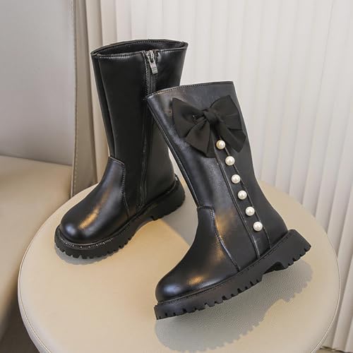 Boots for Girls Winter Cute Pearl Bowknot Zipper Riding Boots Fashion PU Leather Waterproof Mid Calf Boot for Kids3