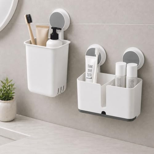 Image of JIALTO Wall Mounted Bathroom Organizer Storage Basket with Strong Adhesive, No Drill Bathroom Shelf, Multipurpose Toothbrush, Toothpaste, Soap & Cosmetic Holder, Waterproof Plastic Rack