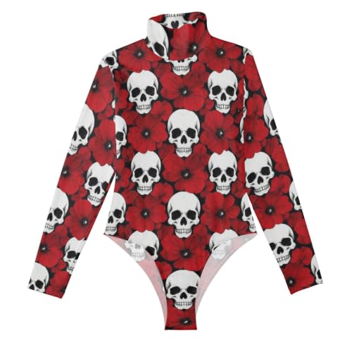 Body de manga larga para salir de fiesta con estampado de calavera y flores rojas
