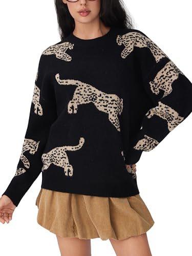 CIDER Womens Leopard Print Sweater Crew Neck Casual Pullover3