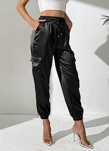 Women's Satin Cargo Joggers Pants Dressy Casual Silky Elastic High Waist Trousers3