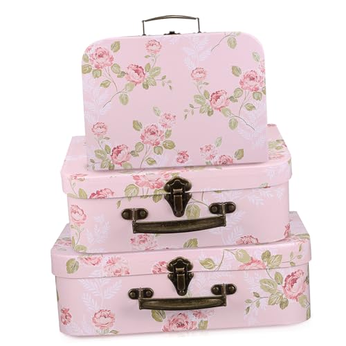 iplusmile 3 piezas Cajas de Cartón Tipo Maleta con Asas Metálicas Diseño Floral Vintage Apilables y Resistentes para Regalos de Boda y Cumpleaños Almacenamiento Decorativo Multifuncional