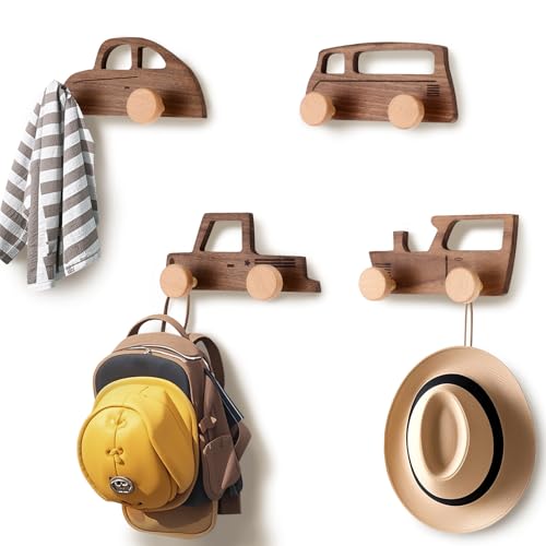 Chunful 4 Pcs Kids Coat Hooks for Wall Walnut Wood