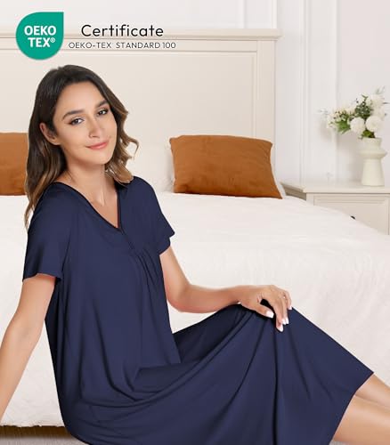 Image of NACHILA Bamboo Viscose Nightgowns for Women Short Sleeve V Neck Sleepwear