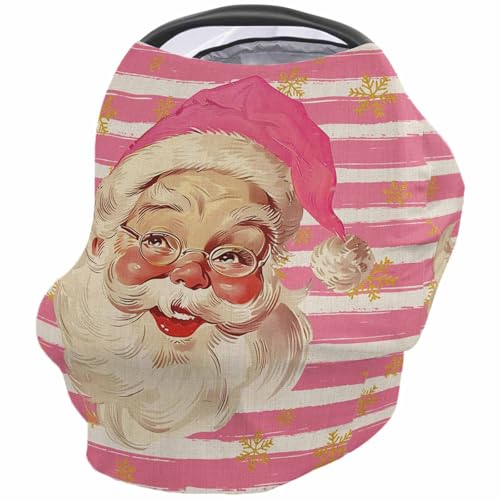 Nursing Cover for Breastfeeding Scarf, Christmas Santa Claus Hand Painted White Pink Strips Baby Car Covers Super Soft Multi Use for Canopy Shopping Cart Cover Blanket Stroller Cover