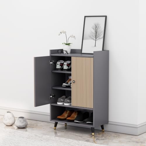 Image of Bniture Engineered Wood Shoe Cabinet with Door | Shoe Rack Wooden with Metal Legs | Sturdy and Stylish Wooden Cabinet for Home | Multipurpose Shoe Rack with 3D Fluted Panel (Grey & Giant Wood)
