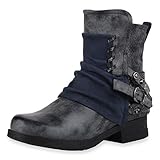  SCARPE VITA Damen Stiefeletten Biker Boots Leicht Gefütterte Print Booties Leder-Optik Schuhe Bikerstiefel Metallic 186503 Marineblau 36
