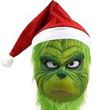 casapre Deluxe Green Monster Christmas Mask with Santa Hat, Adult Size, Plush Fur and Latex Construction, Holiday Character Costume Accessory