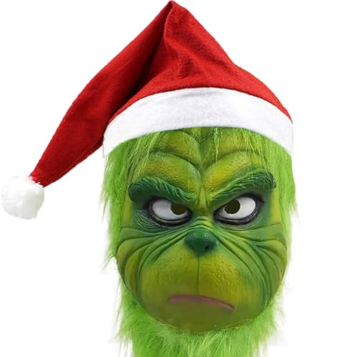 casapre Deluxe Green Monster Christmas Mask with Santa Hat, Adult Size, Plush Fur and Latex Construction, Holiday Character Costume Accessory