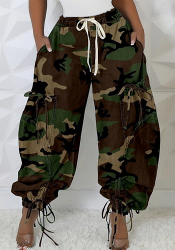 Women Barrel Camo Pants Drawstring Wide Leg Baggy High Waisted Pants Trendy Y2k with Pocket2