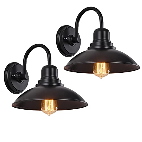 Image of GOLDHILL Textured Black Gooseneck Barn Light 2 Pack, Farmhouse Bathroom Vanity Sconce with E26 Base, Powder Coated Metal Exterior Wall Sconce for Garage Porch and Mirror Side