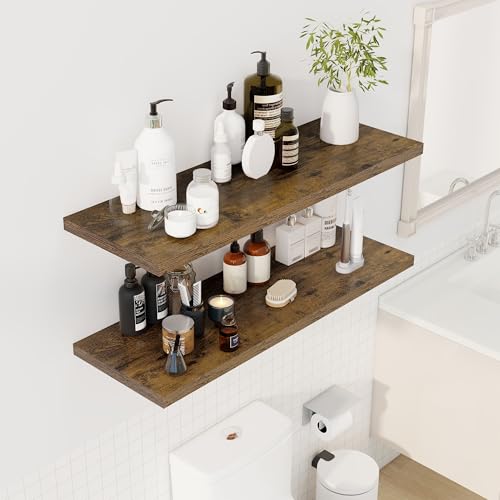 Image of Dreamland 40 inch Floating Shelves for Wall, 12 inch Deep Slim Rustic Brown Floating Shelves, Wall-Mounted Shelves for Bedroom, Living Room, Kitchen, Bathroom - Set of 2