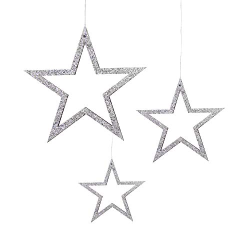 Oblique Unique® 3 Holz Sterne mit Glitzereffekt und Schnur für Weihnachten Weihnachtsbaum Christbaum Anhänger Christbaumschmuck Weihnachtsdeko Holz Deko - Farbe wählbar (Silber)