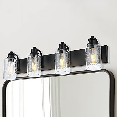 Image of 4-Light Bathroom Vanity Light Fixtures, 28 inch Black Wall Sconce with Seedy Glass Shades, Modern Bathroom Lighting for Mirror, Hallway, Bedroom, Living Room