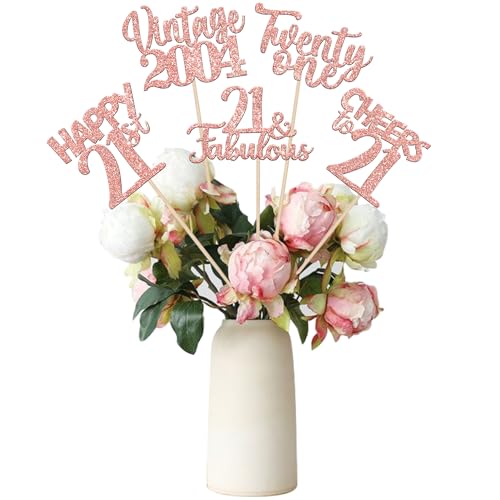 15 PCS 21st Birthday Centerpiece Sticks Twenty One Happy 21st Vintage 2004 Table Flower Centerpieces Sticks Cheers to 21 Fabulous Floral Decorations for 21st Birthday Party Supplies Rose Gold