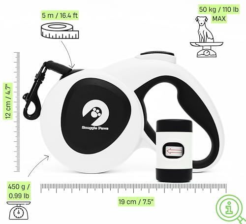 Snuggle Paws Hundeleine 5m Ausziehbar – Alles-in-Einem: Verbesserter LED-Lampe, Kotbeutelspender, Anti-Kau-Stahlseil & Reflektierendem Gurtband | Rollleine für Große Hunde bis 50kg