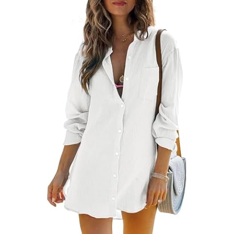 Womens Beach Cover Up Button Down Shirts Summer Cotton Gauze Tops Long Sleeve Bikini Swimsuit Cover