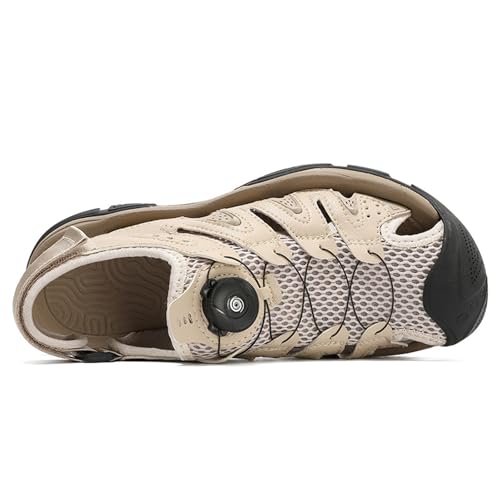 MILDSEVEN Fashion Men's Real Leather Hiking Sandals, Large Size Closed Toe Sandals, Outdoor Hollow Out Backpacking Beach Shoes,7.5,Khaki3