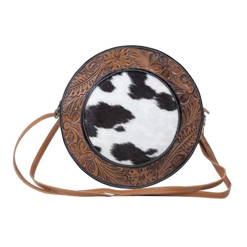 Myra Bag Roundle Round Bag, S-4945 - Western Cowhide Leather Crossbody Bags with Floral Tooled Design for Women, Shoulder Handbags, Womens Cross Body Purse, Gift for Mom, Sister, Best Friend
