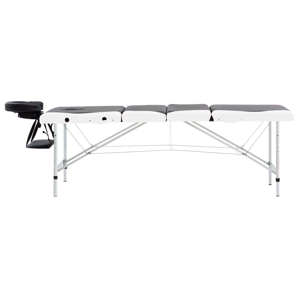 Massageliege klappbar 4-Zonen Aluminiumgestell schwarz und weiß mit höhenverstellbarer Kopfstütze Armlehne und Dicker Polsterung für Praxis Studio Spa und Mobile Physiotherapie