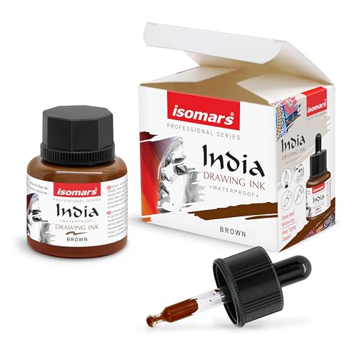 Image of Isomars Waterproof Drawing Ink with Dropper - 35ml | India Ink for Calligraphy, Art, Technical Drawing | Fade-Resistant & Quick-Drying (Brown)
