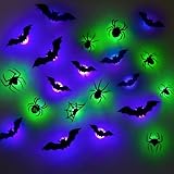 21 pezzi decorazioni per Halloween – 3D LED pipistrello, 12 luci a pipipistrello viola + 9 luci di ragno verdi – Adesivi da parete per Halloween – Decorazione esterna per casa, giardino, feste, stanza