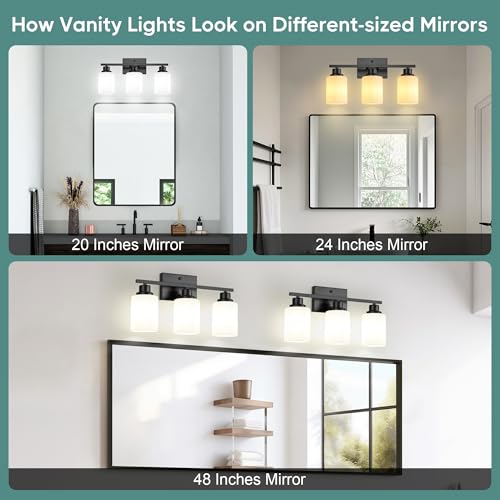 Image of Ascher Bathroom Light Fixtures, 3-Light Vanity Light Over Mirror, Black Wall Sconces with Milky White Frosted Glass Shades, Wall Lamp for Living Room Bedroom, E26 Base(Bulbs Not Included)