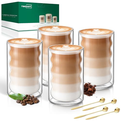 twoant Tasse à Café Double Paroi, 4 x 400 ml Tasse Verre Double Paroi Ensemble, Verres à Expresso avec 4 Cuillères Convient pour latte, macchiato,...