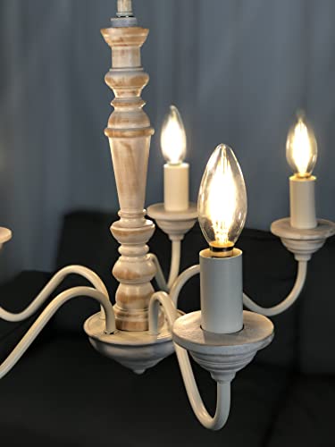 Elyona French Country Chandelier, 21" Farmhouse Wood Chandelier, 5-Light Rustic Candle Pendant Light Fixtures For Dining Room,Living Room,Kitchen,Bedroom, Led Bulb Included, Handmade Distressed White #TOP6