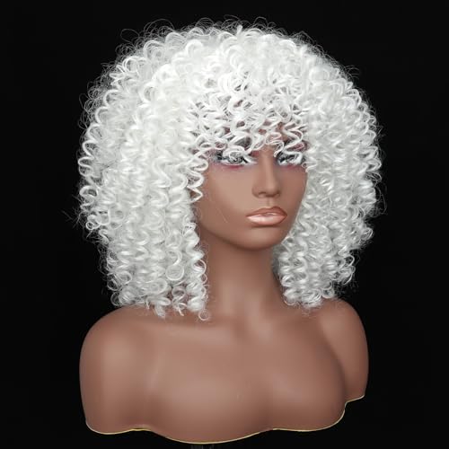 Colorfulpanda Short Curly Afro White Wigs with Fringe Puffy Afro Wig Kinky Culry Natural Synthetic Hair Wigs for Black Women Cosplay Halloween Party/Daily Wear - Image 3