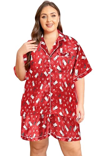 Image of Vozanet Women's Short Sleeve Satin Pajama Sets Silky Ladies Button Down Loungewear Plus Size Nighty Shorts Sets XL to 5XL