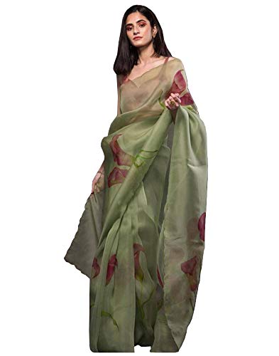 Blissta Women's Sky Organza Floral Printed Saree With Unstitched Blouse