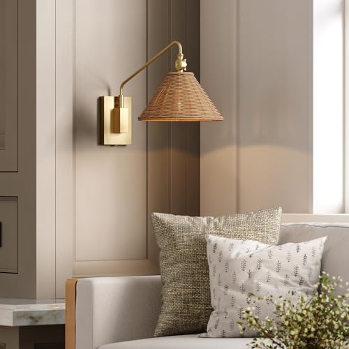 Image of Nathan James Celeste Rattan Wall Light, Modern Farmhouse Wall Mounted Plug in Light, Wall Mount Reading Lamp for Bedside with Rattan Shade