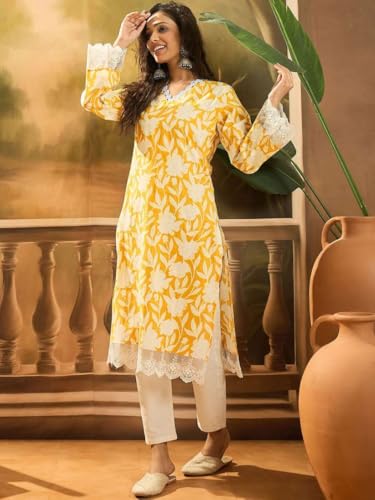 Image of Women's Floral Printed Cotton Afgani Kurta with Lace Detail Full Sleeves