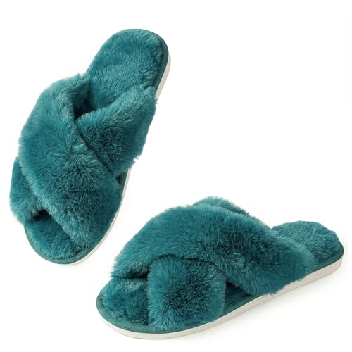 Image of Ankis Memory Foam Fuzzy Slippers for Women,Open Toe House Shoes | Faux Fur Cross Band,Indoor Outdoor Slippers, Anti-Slip, Comfy, Cozy, Fluffy, Gifts for Women, Mom Bride Bridesmaids