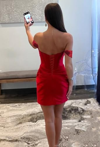 SNOWROSE Satin Homecoming Dresses for Teens 2025 Off Shoulder Short Tight Ruched HOCO Formal Cocktail Party Dress3
