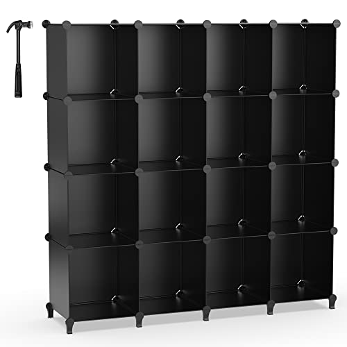 16 Cube Storage Shelf, Storage Bookcase Bookshelf with Metal Hammer, Storage Cubes Organizer Cabinet for Kids, Closet, Bedroom, Bathroom, (11.8x11.8x11.8 inch), Black