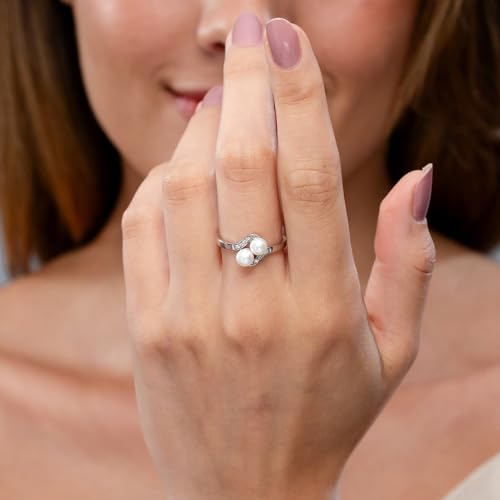 Angara Freshwater Pearl Ring for Women | Round Freshwater Cultured Pearl Diamond Two Stone Ring in 14K Solid Gold/Platinum | June Birthday, Anniversary, Gemstone Jewellery Gift3