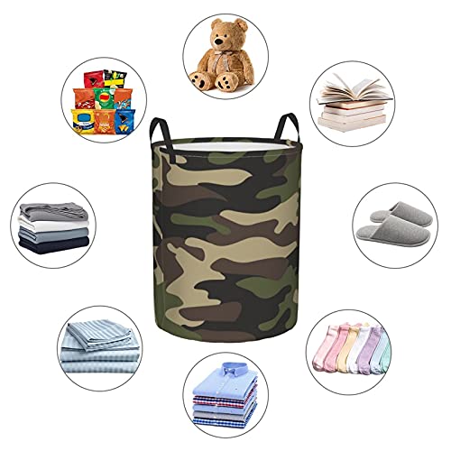 Image of Green Camouflage Round Collapsible Laundry Basket,Large Laundry Hamper Toys Clothes Organizer Foldable Storage Bin Storage Basket With Handles For Dorms,Boys Girls Bedroom,Bathroom