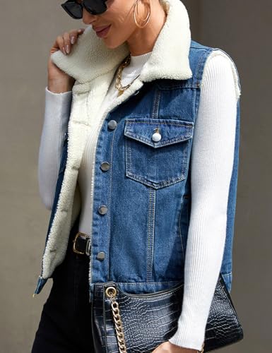 Perbai Womens Warm Fleece Lined Crop Denim Vest Lapel Button Down Loose Sleeveless Jean Sherpa Jacket3