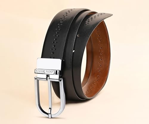 Image of LOUIS STITCH Men's Spanish Leather Reversible Belt 1.25 inch (35mm) Handcrafted Formal Waist Strap Officewear Men Gents Boys (Black /Tan) (LSBE-VB-CPBG)