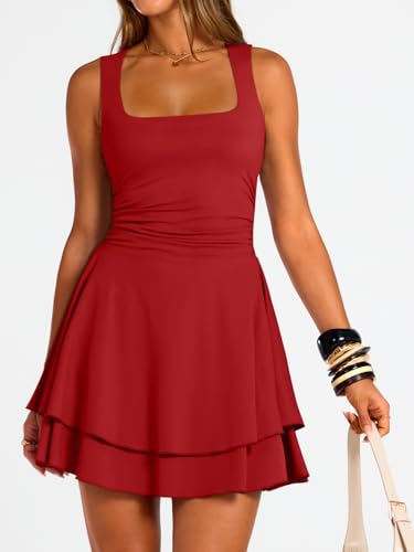 Image of Trendy Queen Women's Square Neck Summer Party Flowy Ruffle Hem Ruched Waist Mini Dress