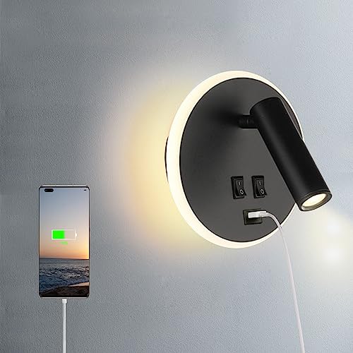 Image of USB Charging Port Wall Wash Light Black Bed LED with Interior Wall Adjustable Spotlight Reading lamp Wall lamp Bedroom Indoor Bedside Lamp 3000K (3W + 9W)