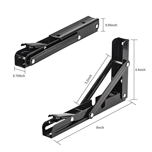 Image of YUMORE 8 Inch Folding Shelf Bracket, Heavy Duty L Bracket, Black, 2 Pack | 300 LB Load Capacity, Foldable Locking Design, Easy Release Lever, Easy Installation, Includes Hardware