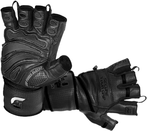 Elite Leather Gym Gloves with Built in 2" Wide Wrist Wraps Grip & Design for Weightlifting Power Lifting Bodybuilding & Strength Training Workout Exercises (Black, Medium)