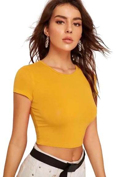 Image of Womens Round Neck Casual Solid Crop Top
