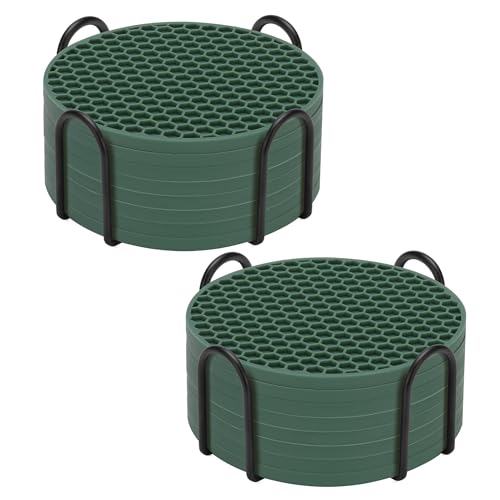 Silicone Coaster Set of 16 with Holder, Drinks Coasters, Beer & Coffee, Hot or Cold, Anti-Slip, Non-Stick, Anti-Overflow Tabletop Protection and Decor (Green, 16 Pcs)