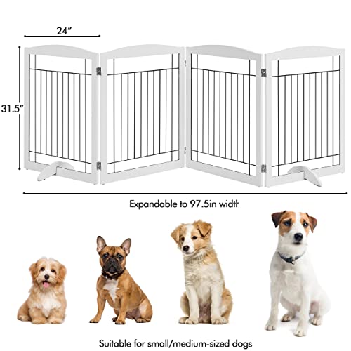 Yaheetech-32-inch-Tall-Dog-Gate-Extra-Wide-Pet-Gate-for-Dogs-Indoor-Foldable-Wire-Wooden-Puppy-Safety-Fence-w2-Support-FeetFreestanding-Dog-Gate-for-The-House-Doorway-StairsWhite4-Panels